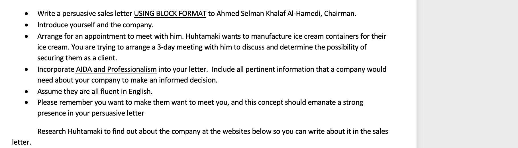  Write a persuasive sales letter USING BLOCK FORMAT to Ahmed Selman