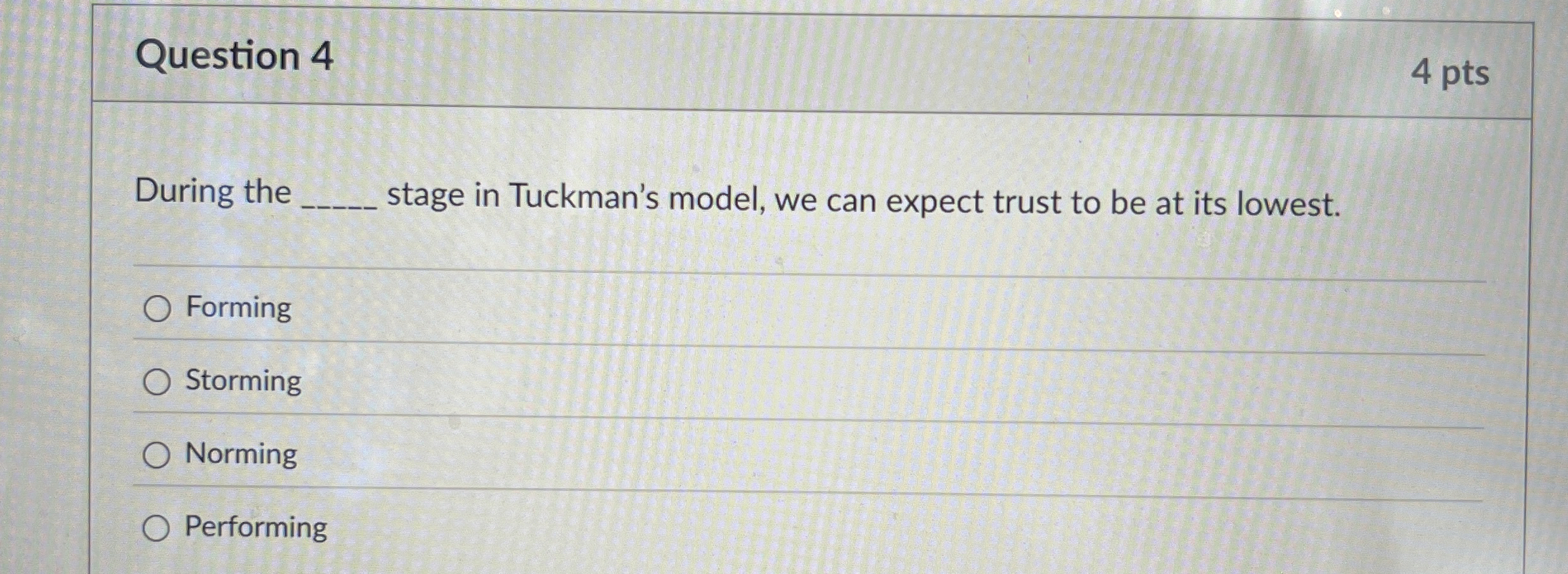  Question 4 During the stage in Tuckman's model, we can expect