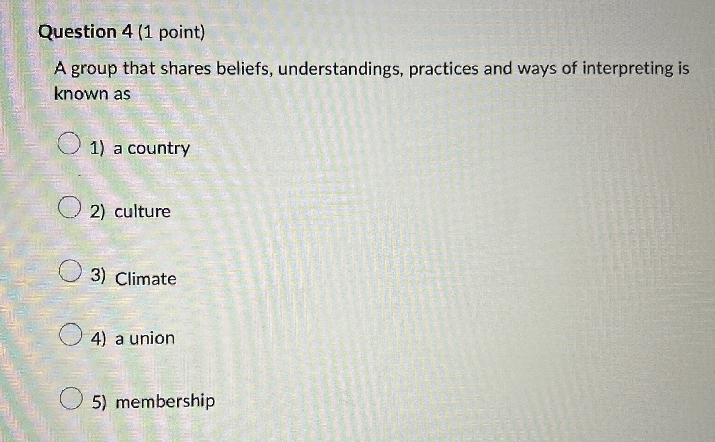 Question 4(1 point) A group that shares beliefs, understandings, practices and