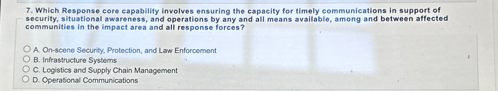 Which Response core capability involves ensuring the capacity for timely communications