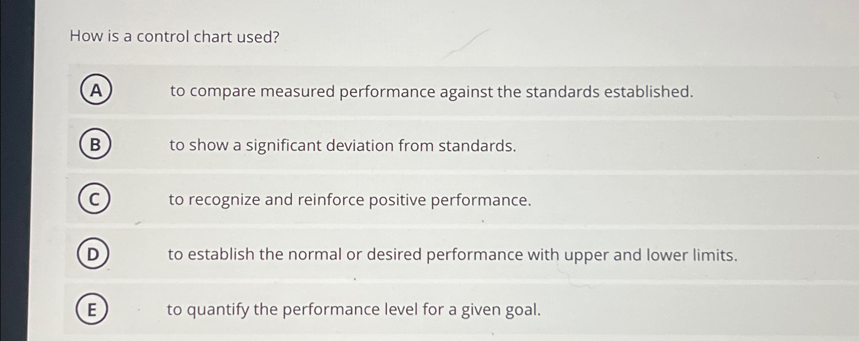  How is a control chart used? to compare measured performance against
