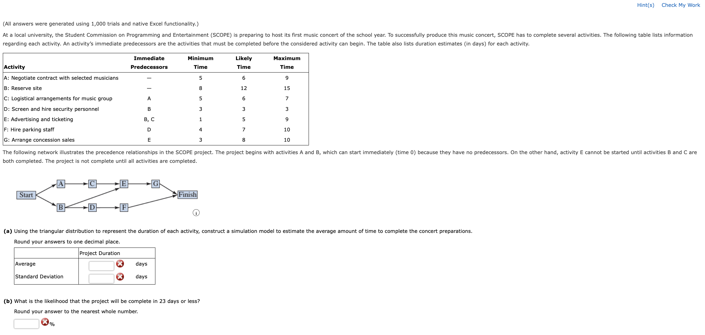  (All answers were generated using 1,000 trials and native Excel functionality.)