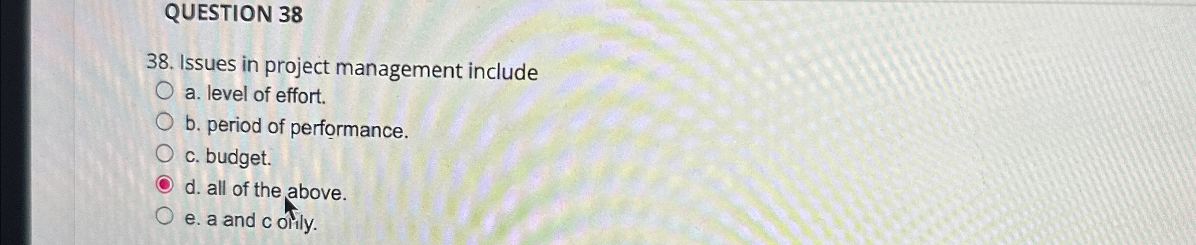  QUESTION 38 38. Issues in project management include a. level of