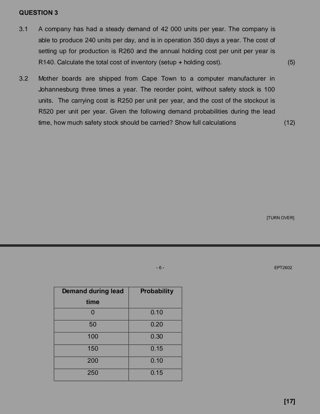  QUESTION 3 3.1 A company has had a steady demand of