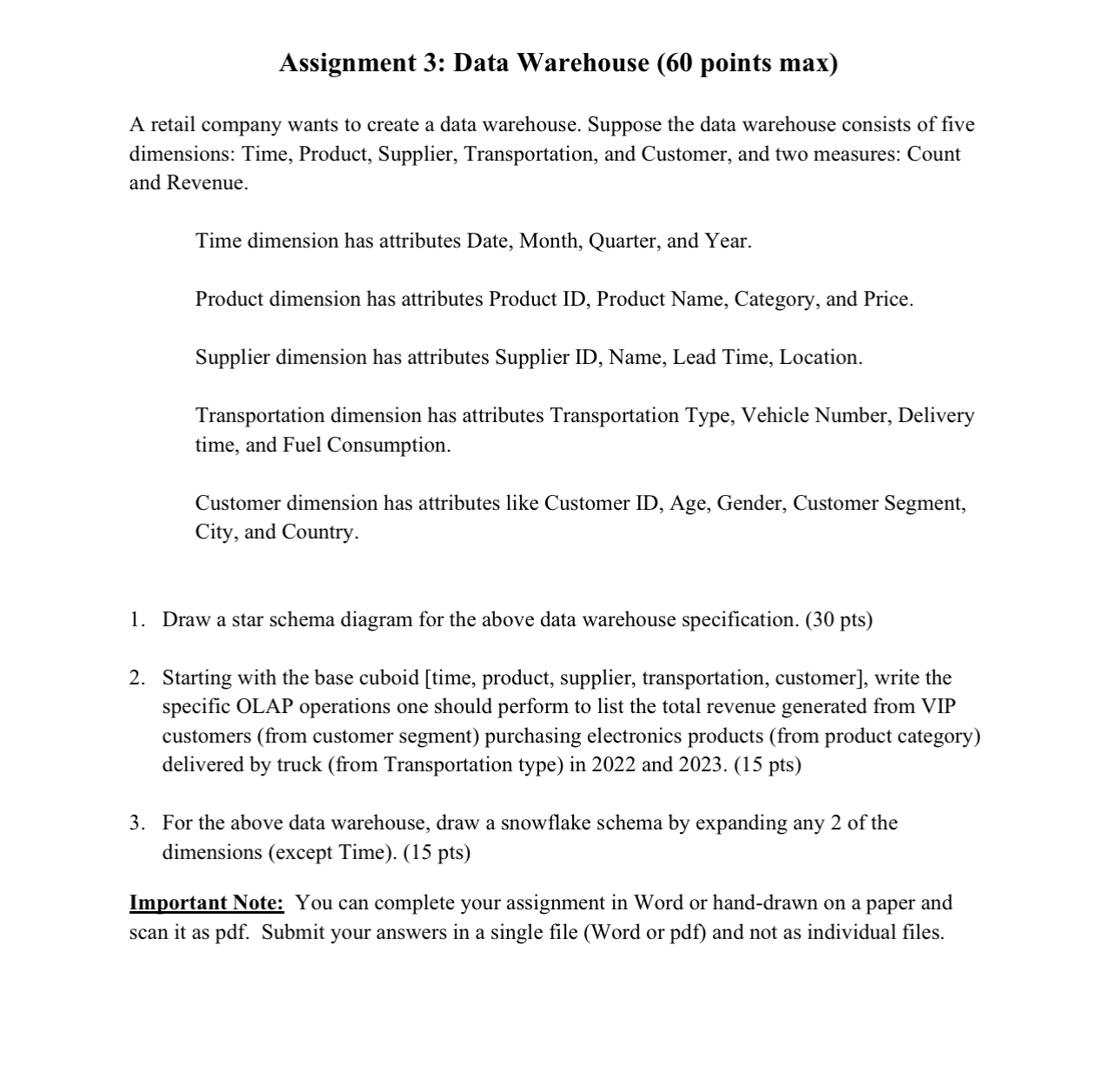  Assignment 3: Data Warehouse (60 points max) A retail company wants