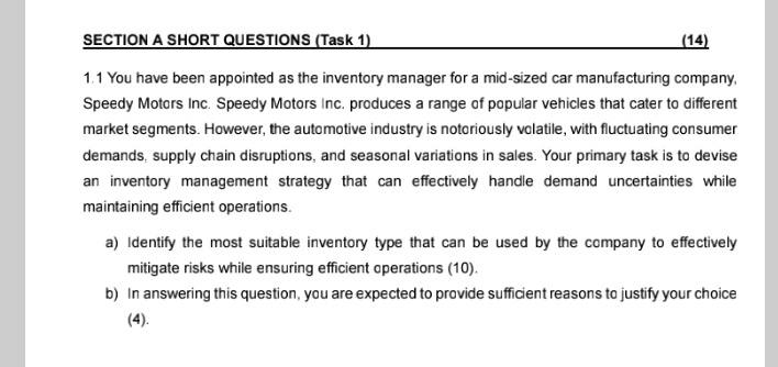  SECTION A SHORT QUESTIONS (Task 1) (14) 1.1 You have been