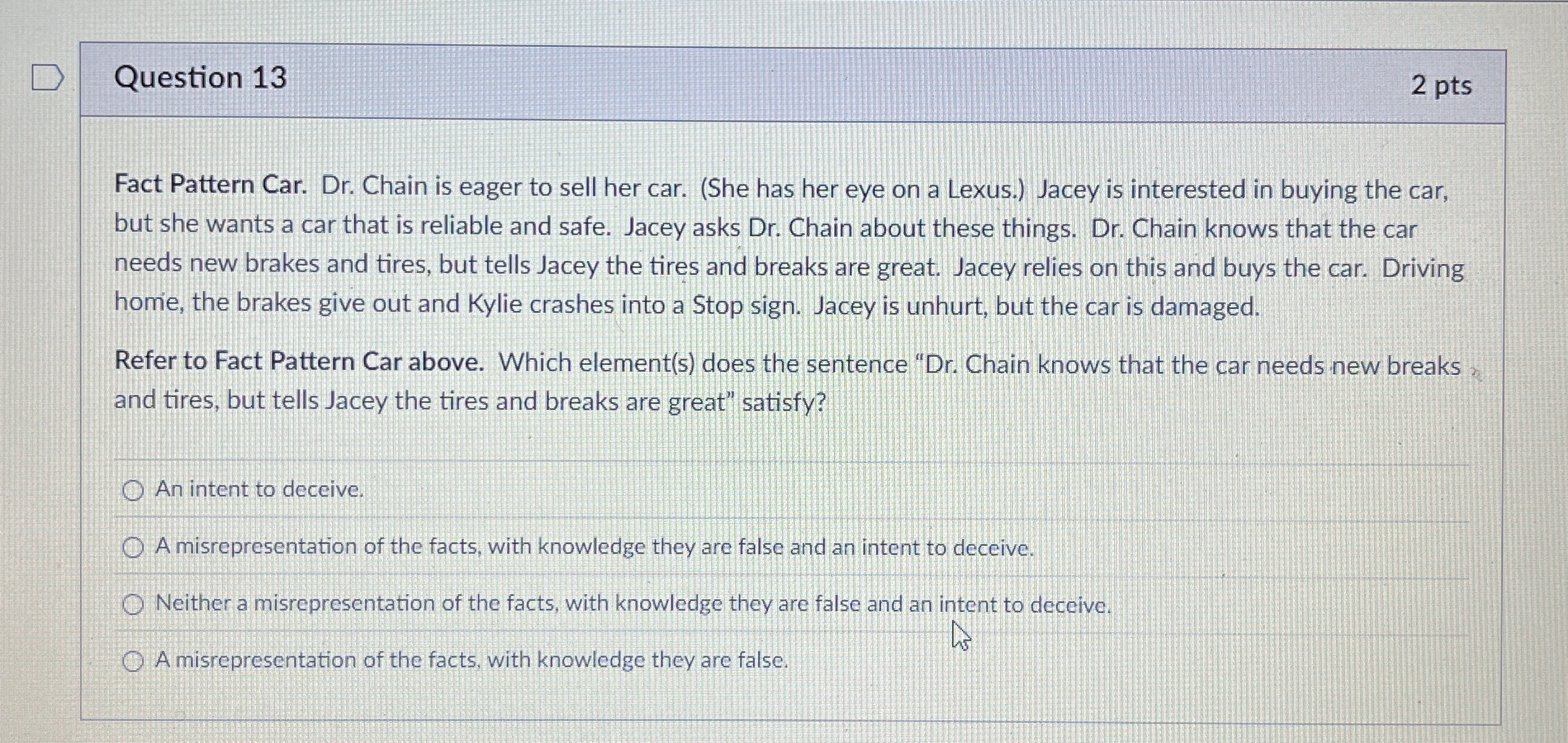  Question 13 Fact Pattern Car. Dr. Chain is eager to sell
