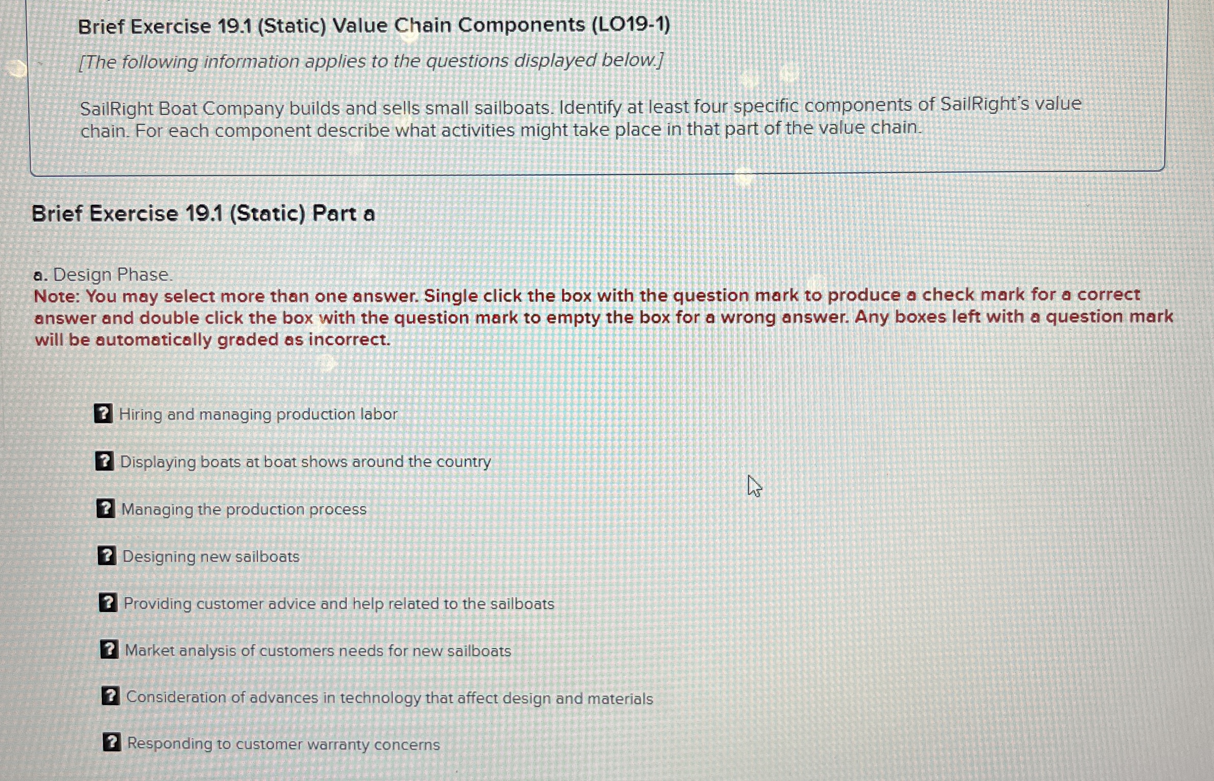  Brief Exercise 19.1(Static) Value Chain Components (LO19-1) [The following information applies