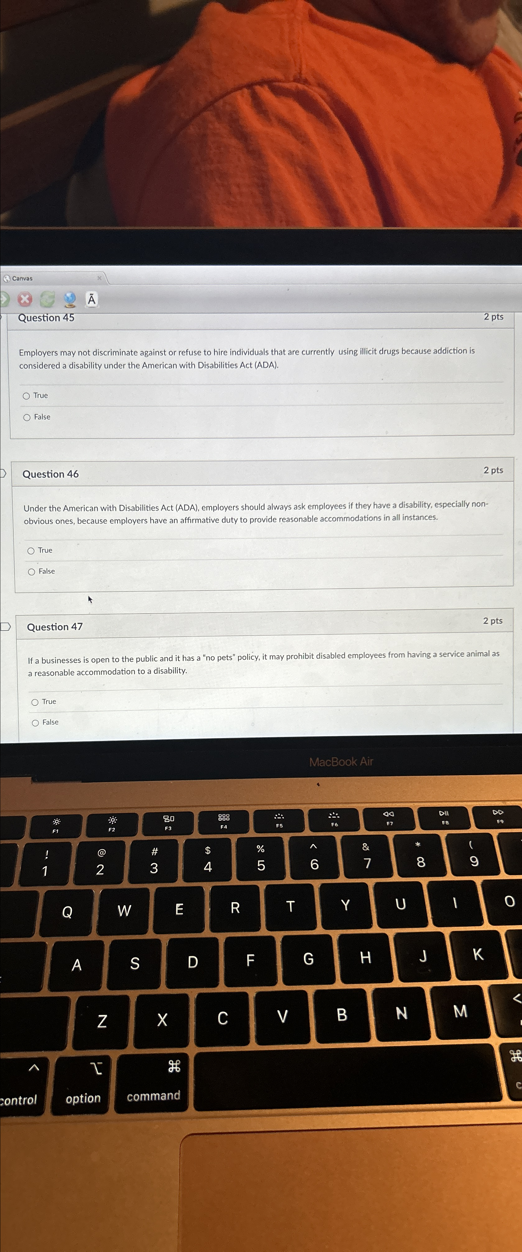  Q) Canvas 2 tilde(A) Question 45 2pts Employers may not discriminate