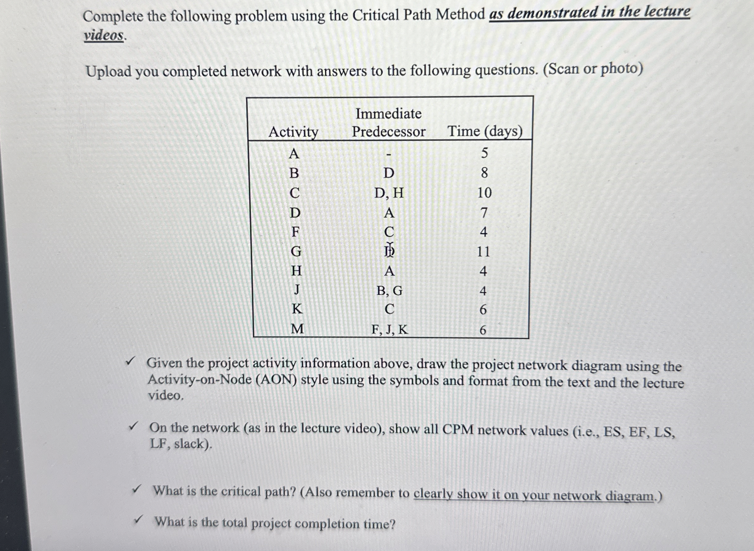  Complete the following problem using the Critical Path Method as demonstrated
