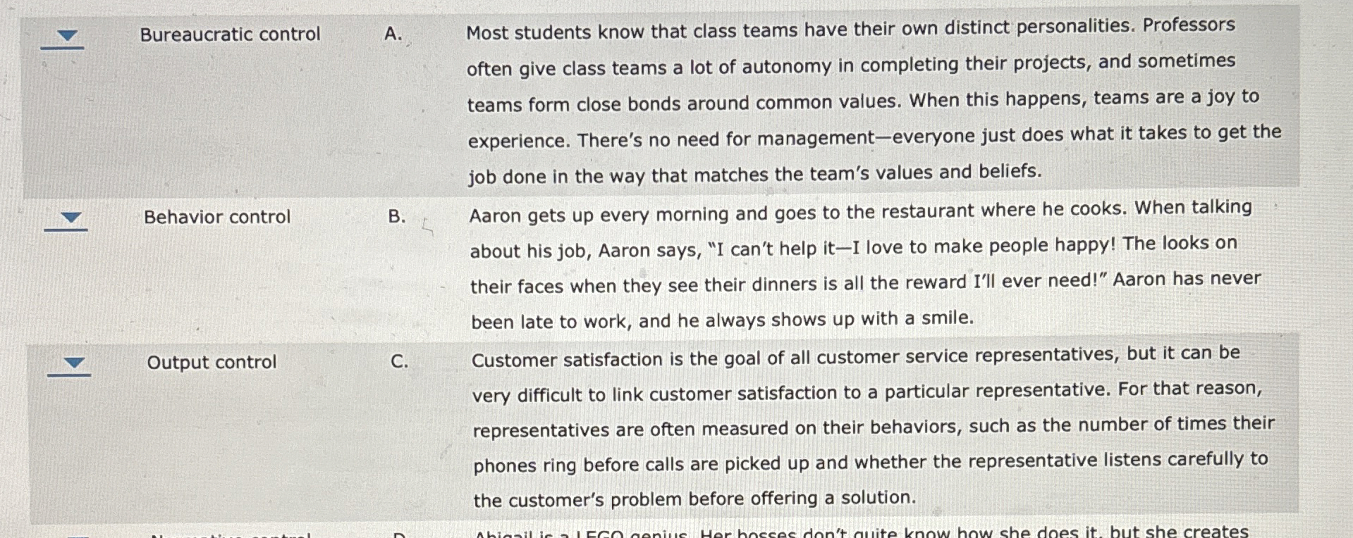  Bureaucratic control Behavior control Output control A. Most students know that
