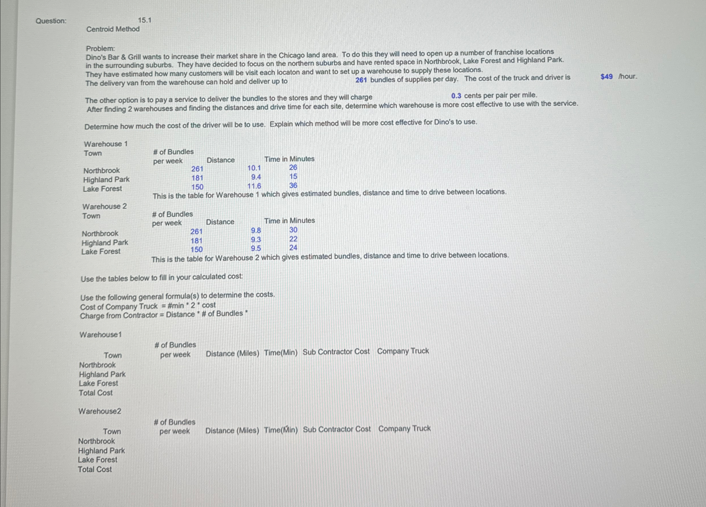  Question: 15.1 Centroid Method Problem: Dino's Bar & Grill wants to