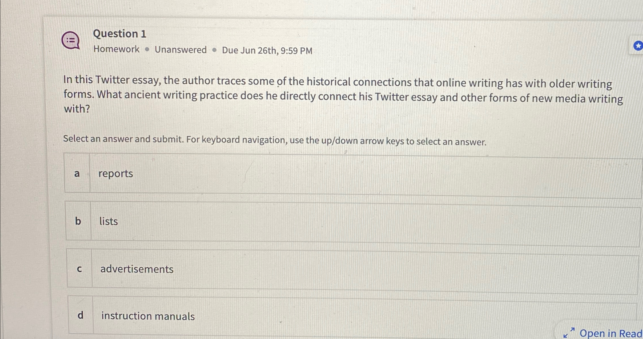  Question 1 Homework - Unanswered - Due Jun 26th,9:59 PM In