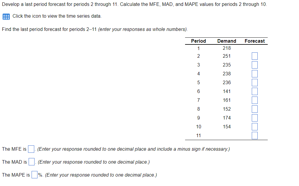  Develop a last period forecast for periods 2 through 11. Calculate