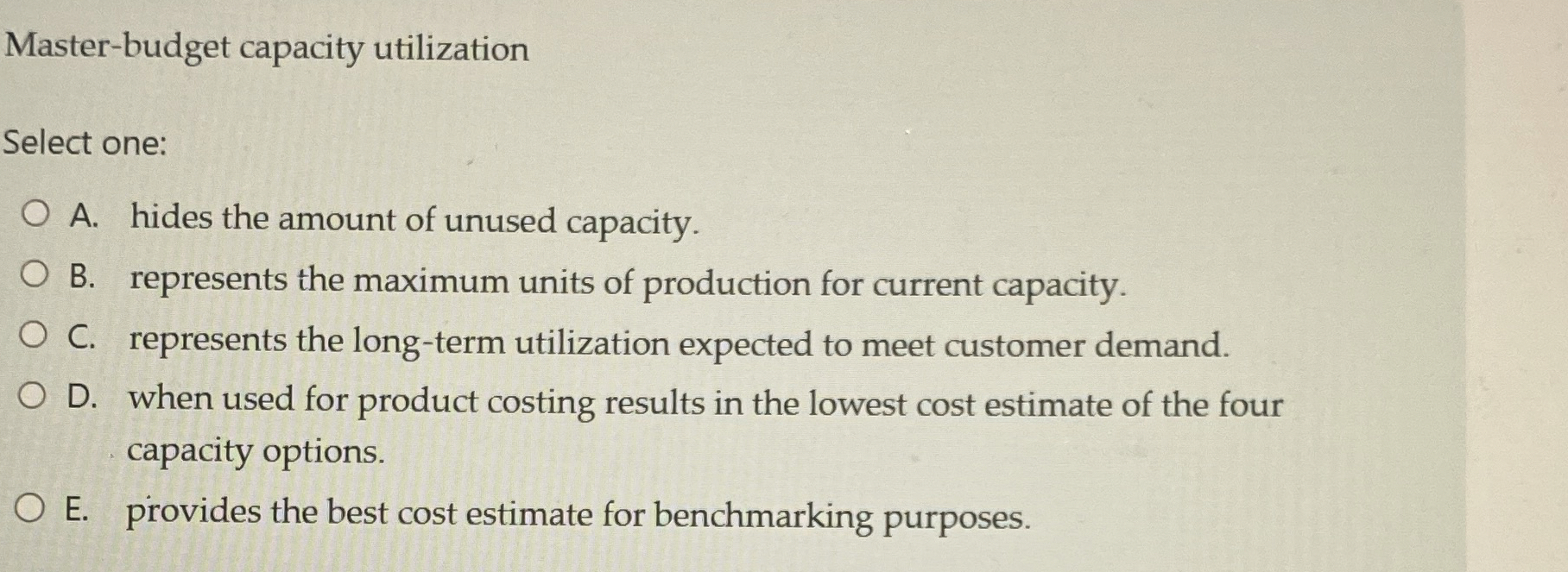  Master-budget capacity utilization Select one: A. hides the amount of unused