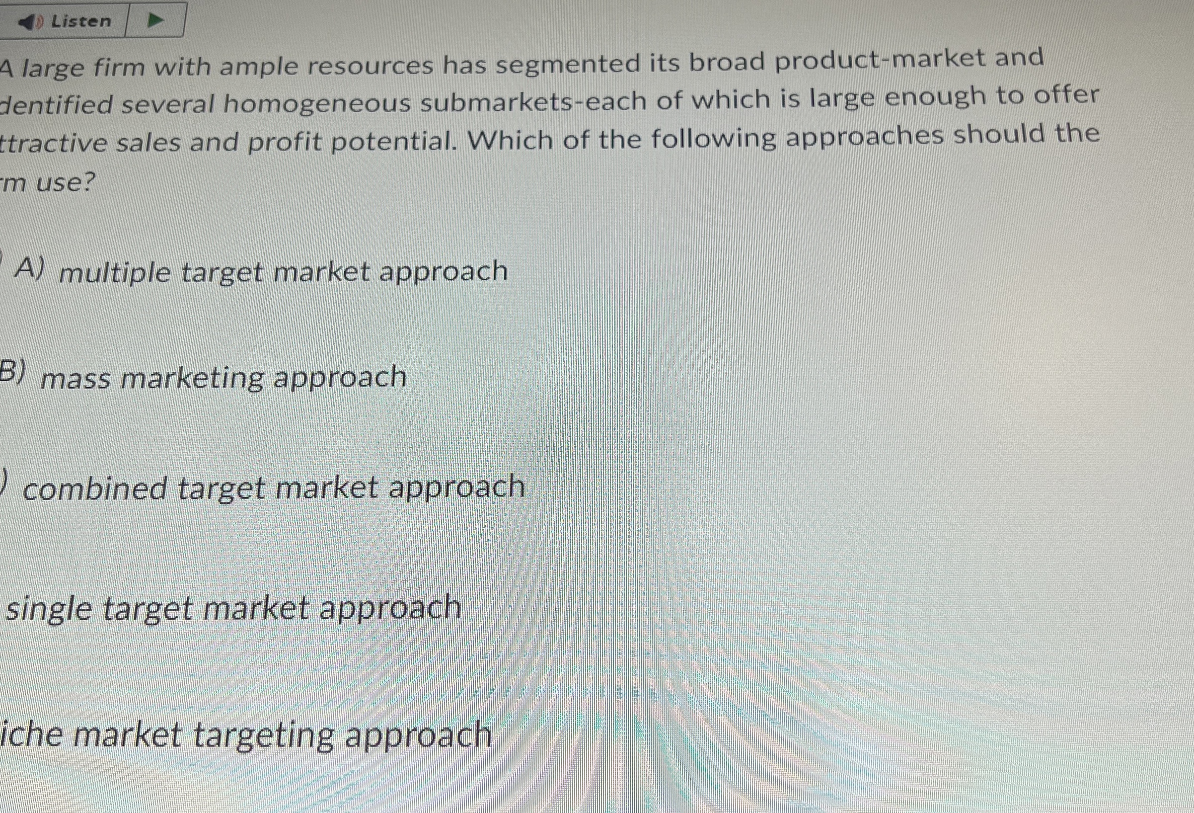  4 large firm with ample resources has segmented its broad product-market