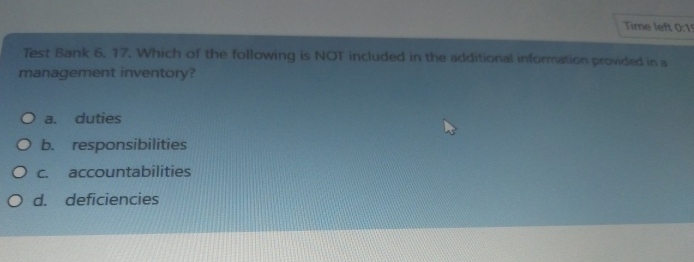  Time left o:I Test Bank 6.17. Which of the following is