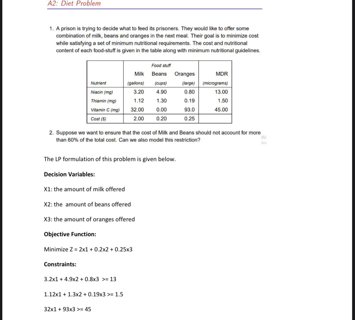  A2: Diet Problem A prison is trying to decide what to