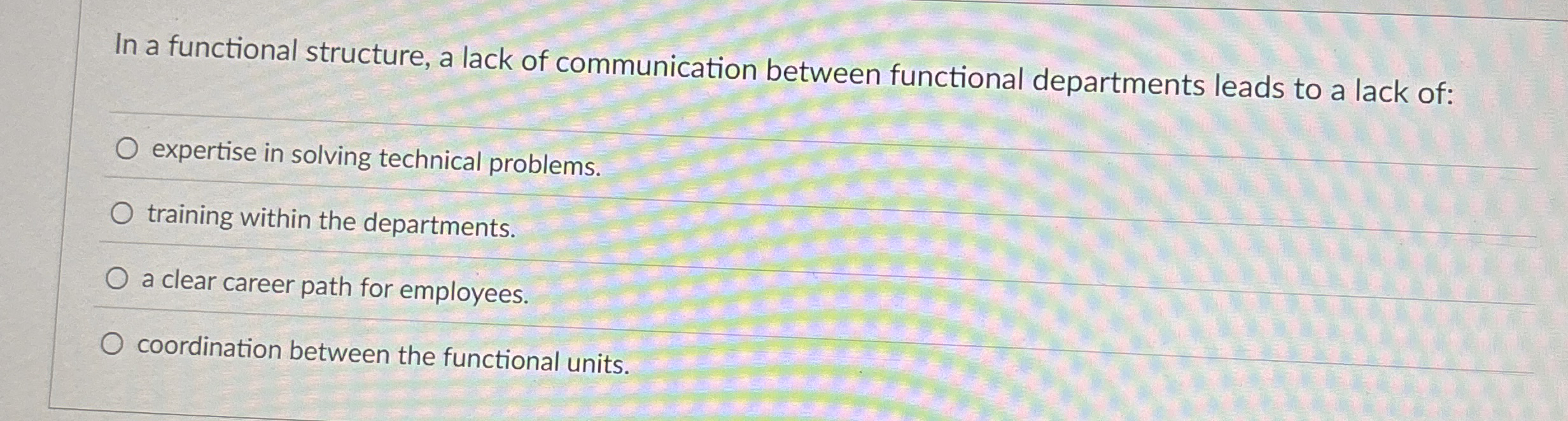  In a functional structure, a lack of communication between functional departments
