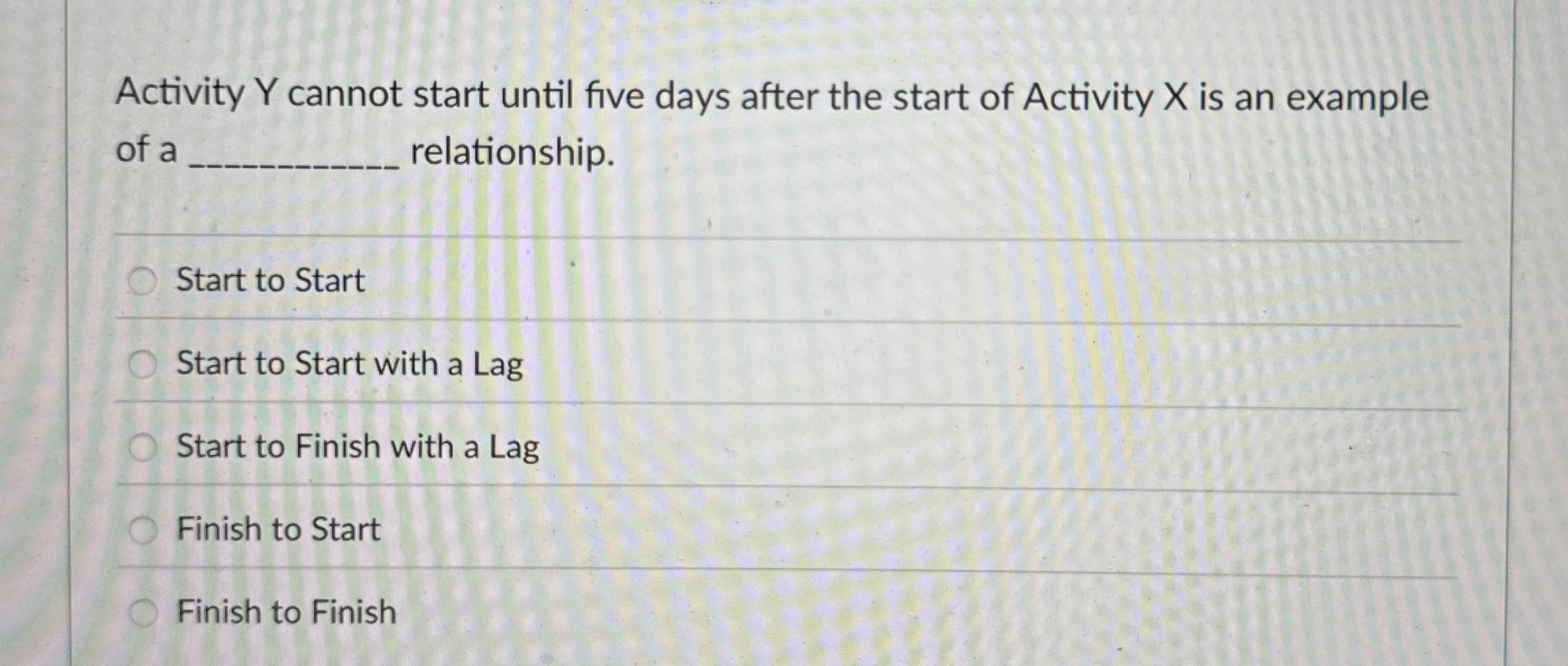  Activity Y cannot start until five days after the start of