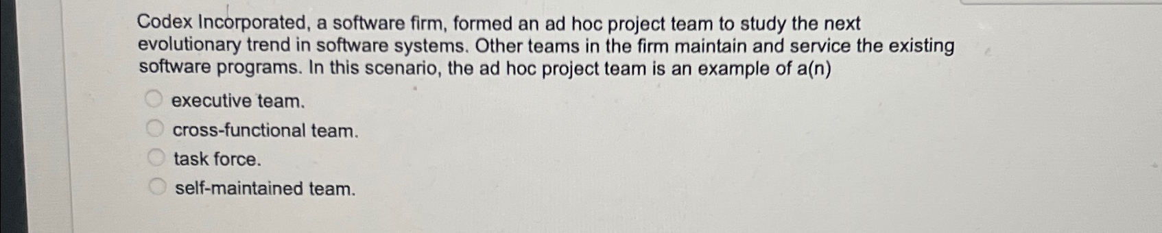  Codex Incorporated, a software firm, formed an ad hoc project team