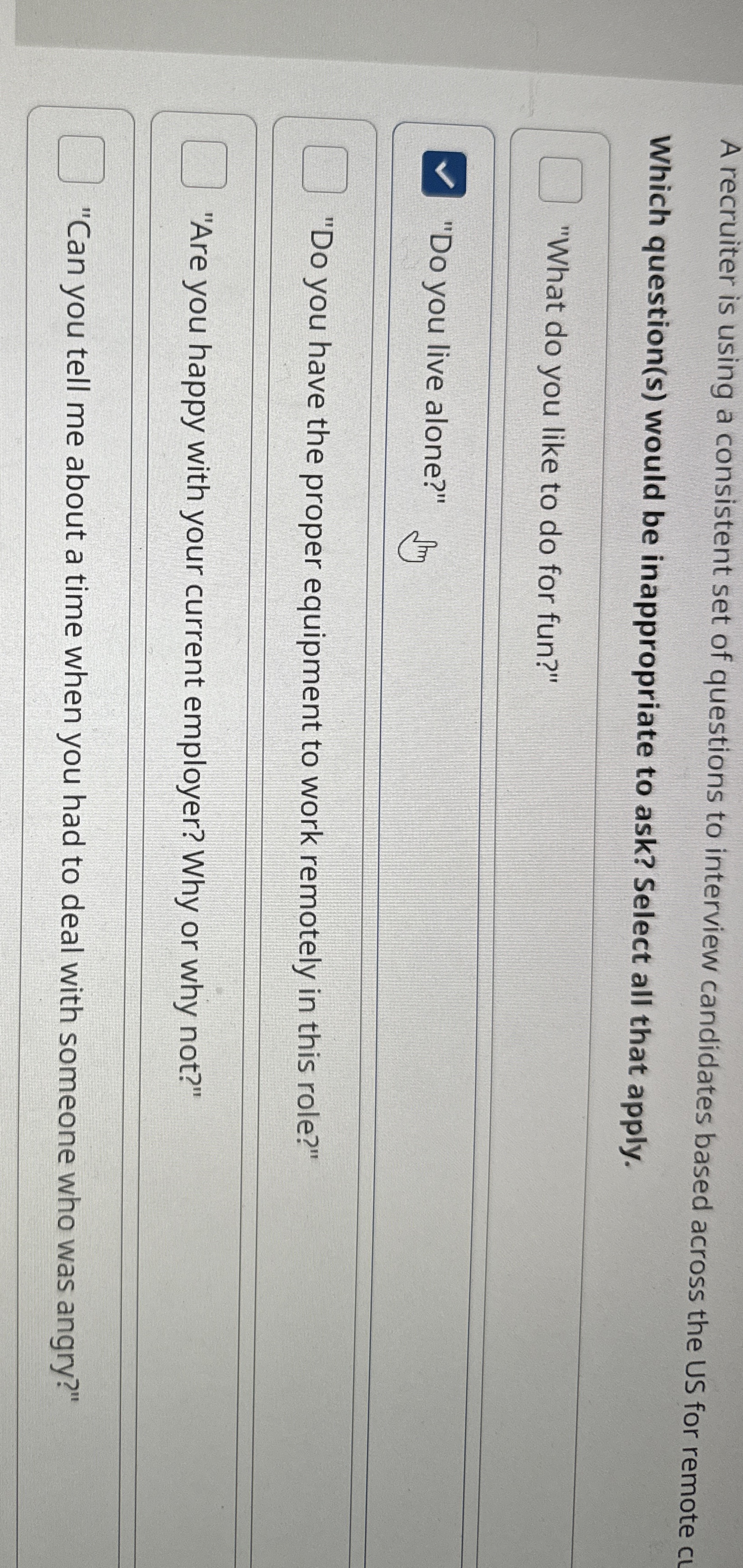  indeed ossessments Question 4110 Time Remaining: 02:52 A recruiter is using