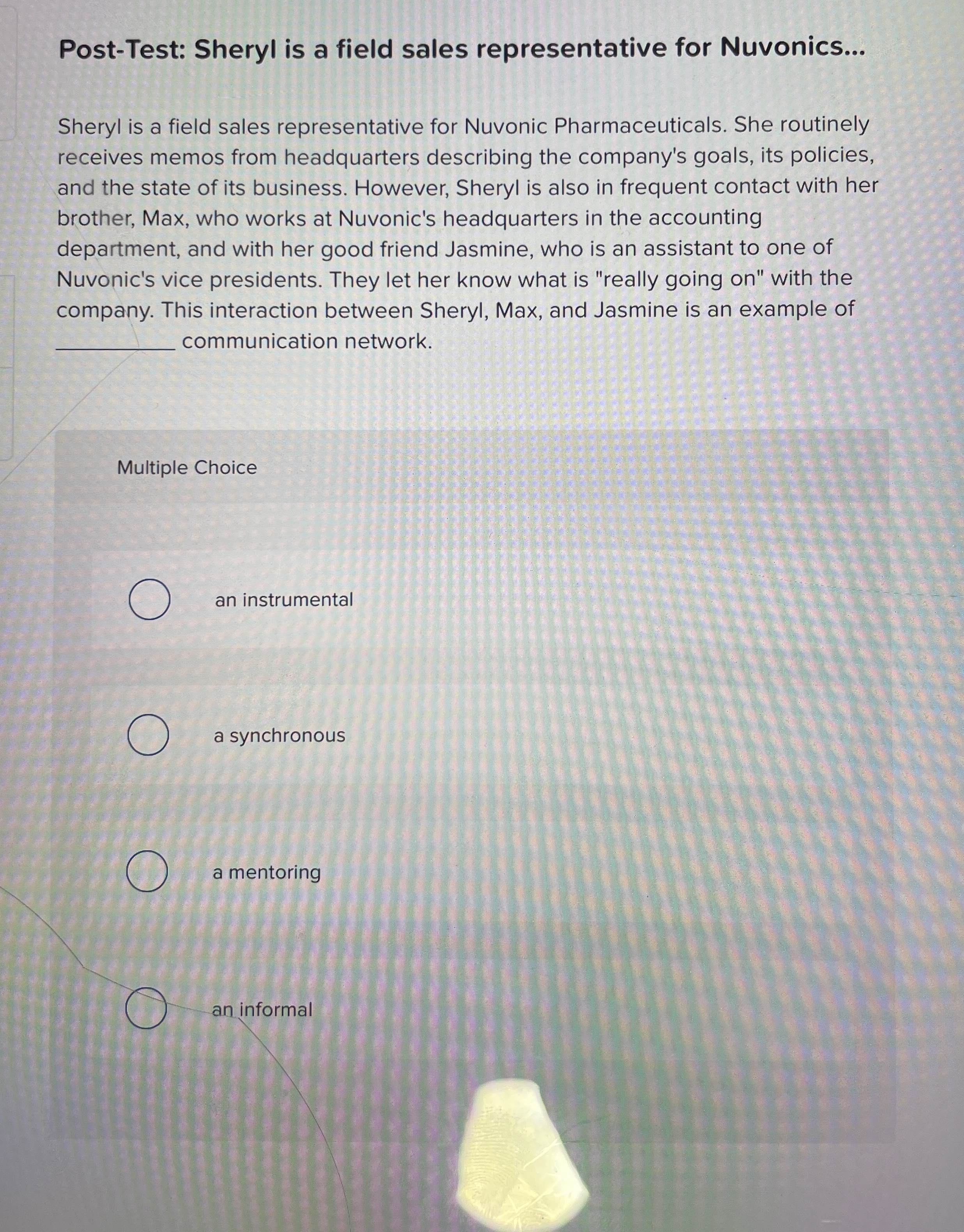  Post-Test: Sheryl is a field sales representative for Nuvonics... Sheryl is