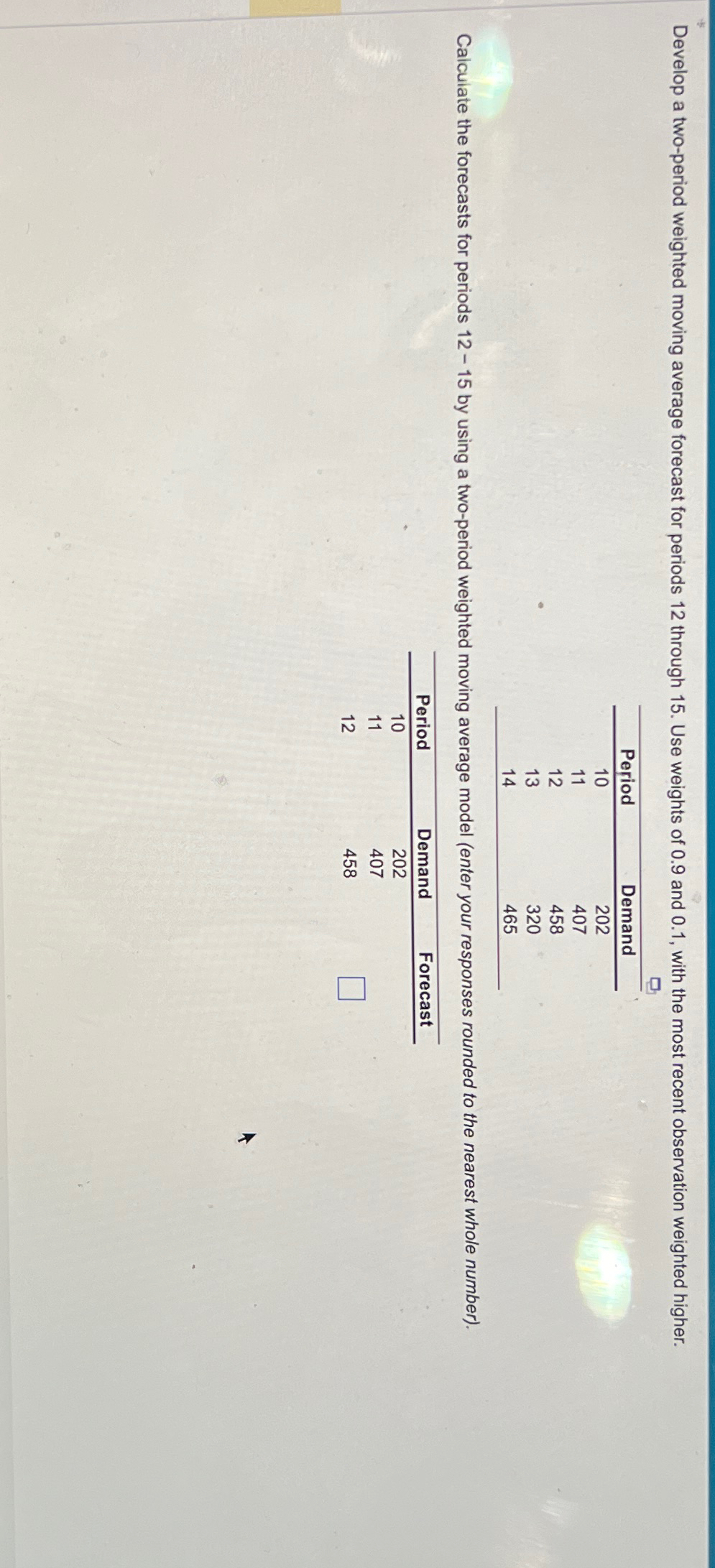  Develop a two-period weighted moving average forecast for periods 12 through