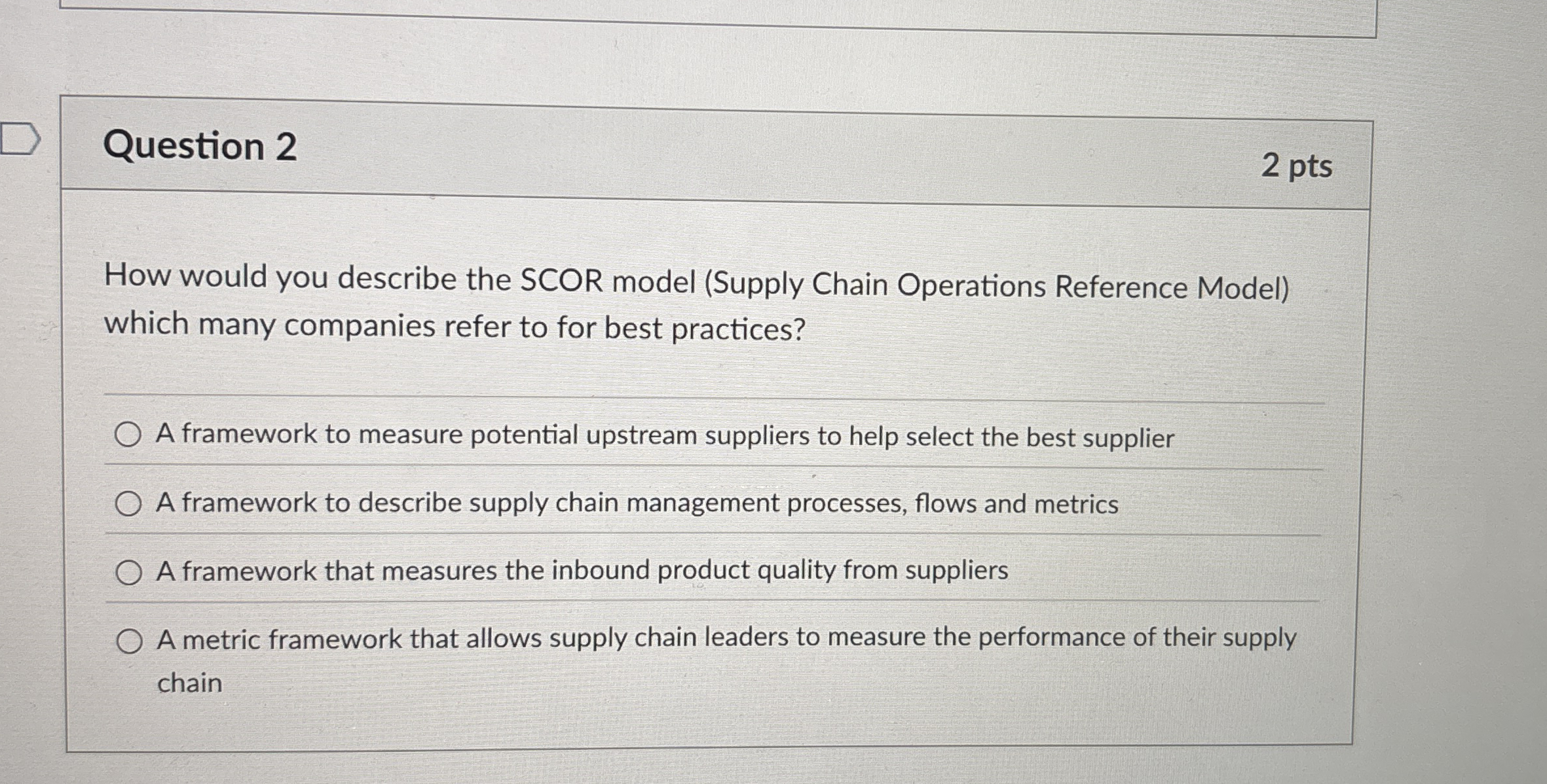  Question 2 How would you describe the SCOR model (Supply Chain