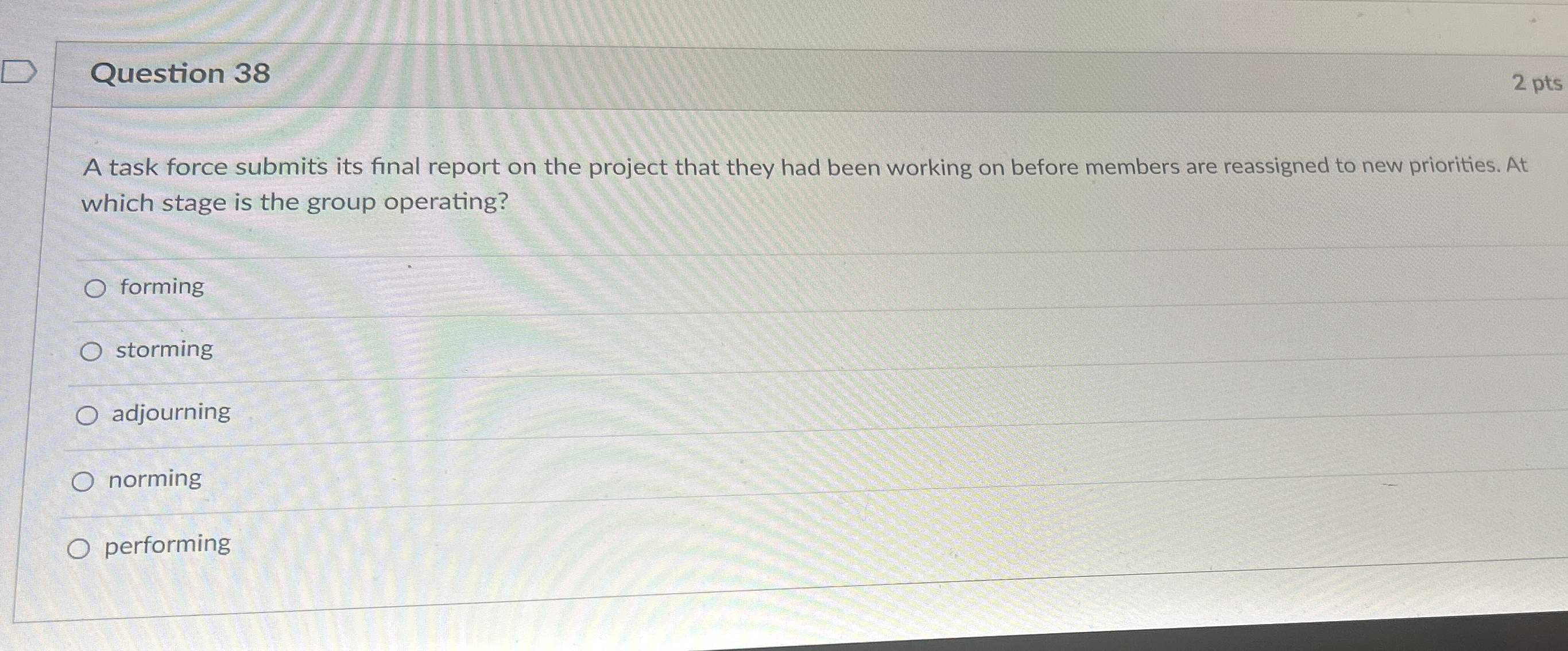  Question 38 2 pts A task force submits its final report