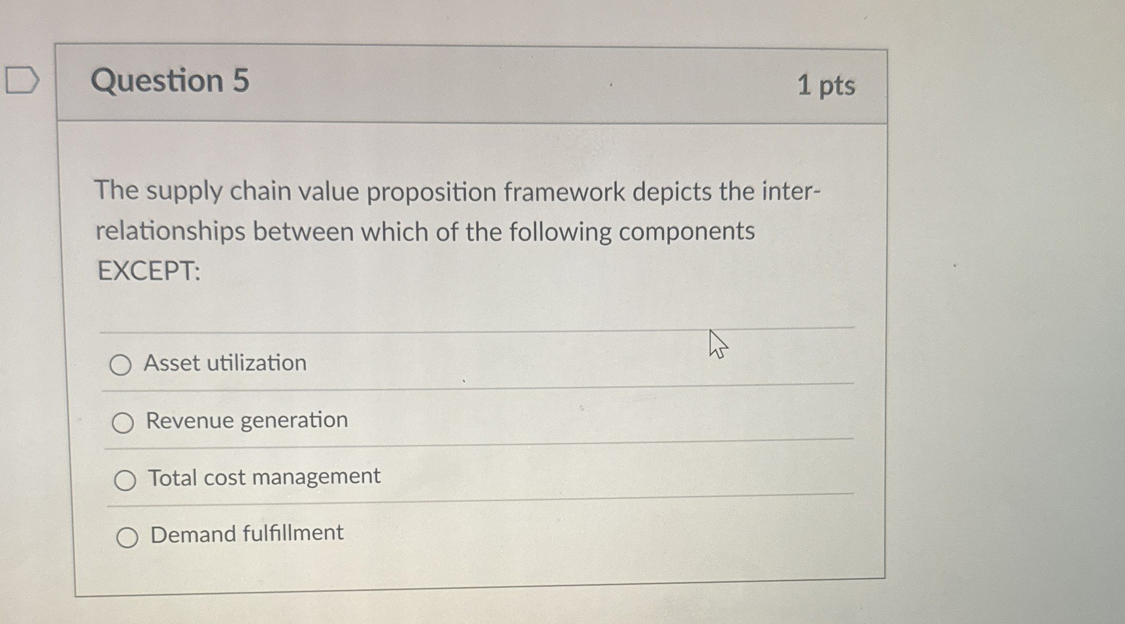  Question 5 1 pts The supply chain value proposition framework depicts