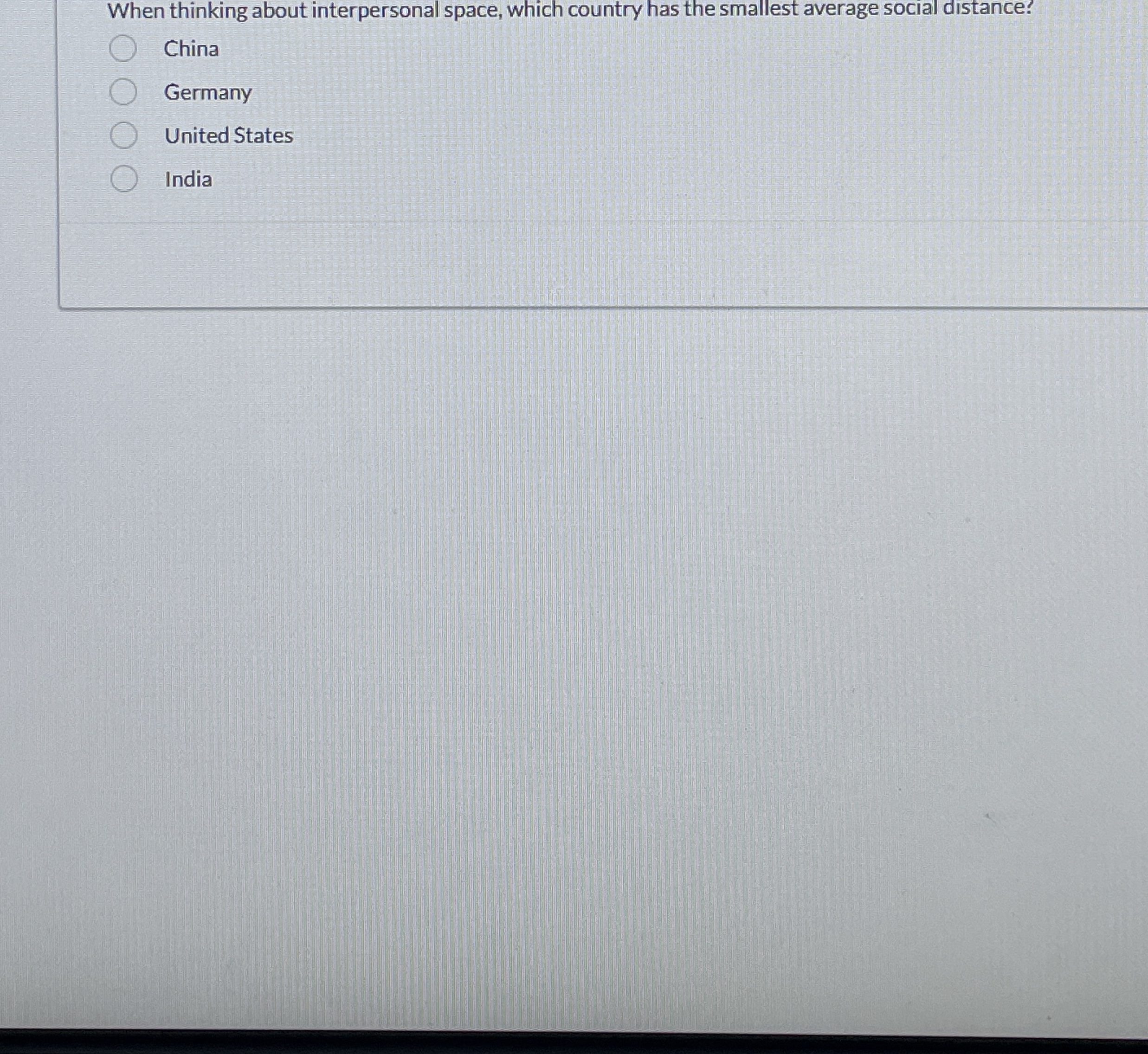  When thinking about interpersonal space, which country has the smallest average