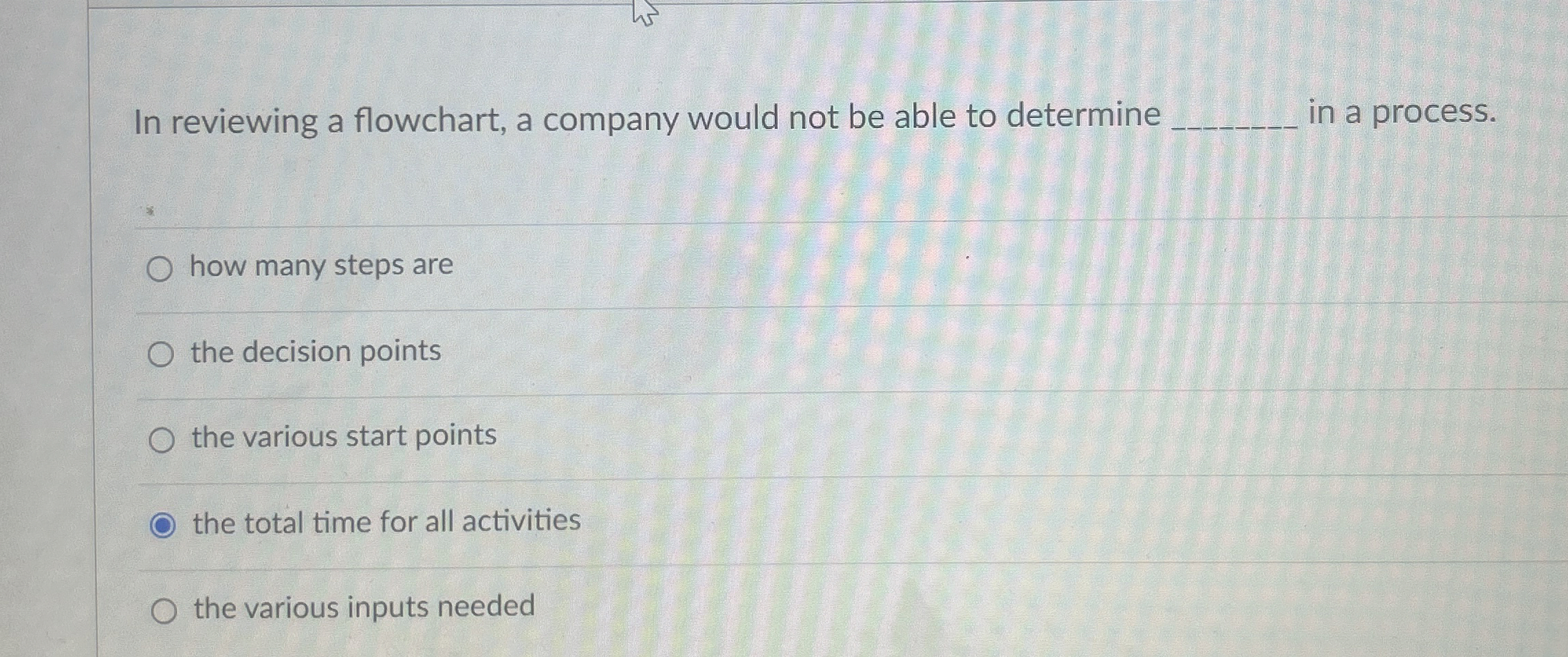  In reviewing a flowchart, a company would not be able to