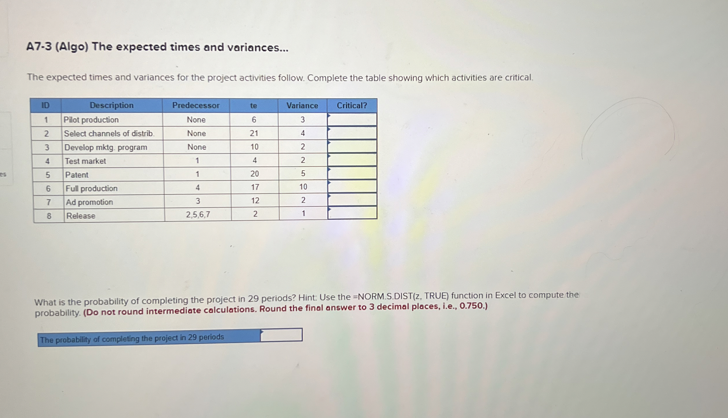  A7-3(Algo) The expected times and variances... The expected times and variances