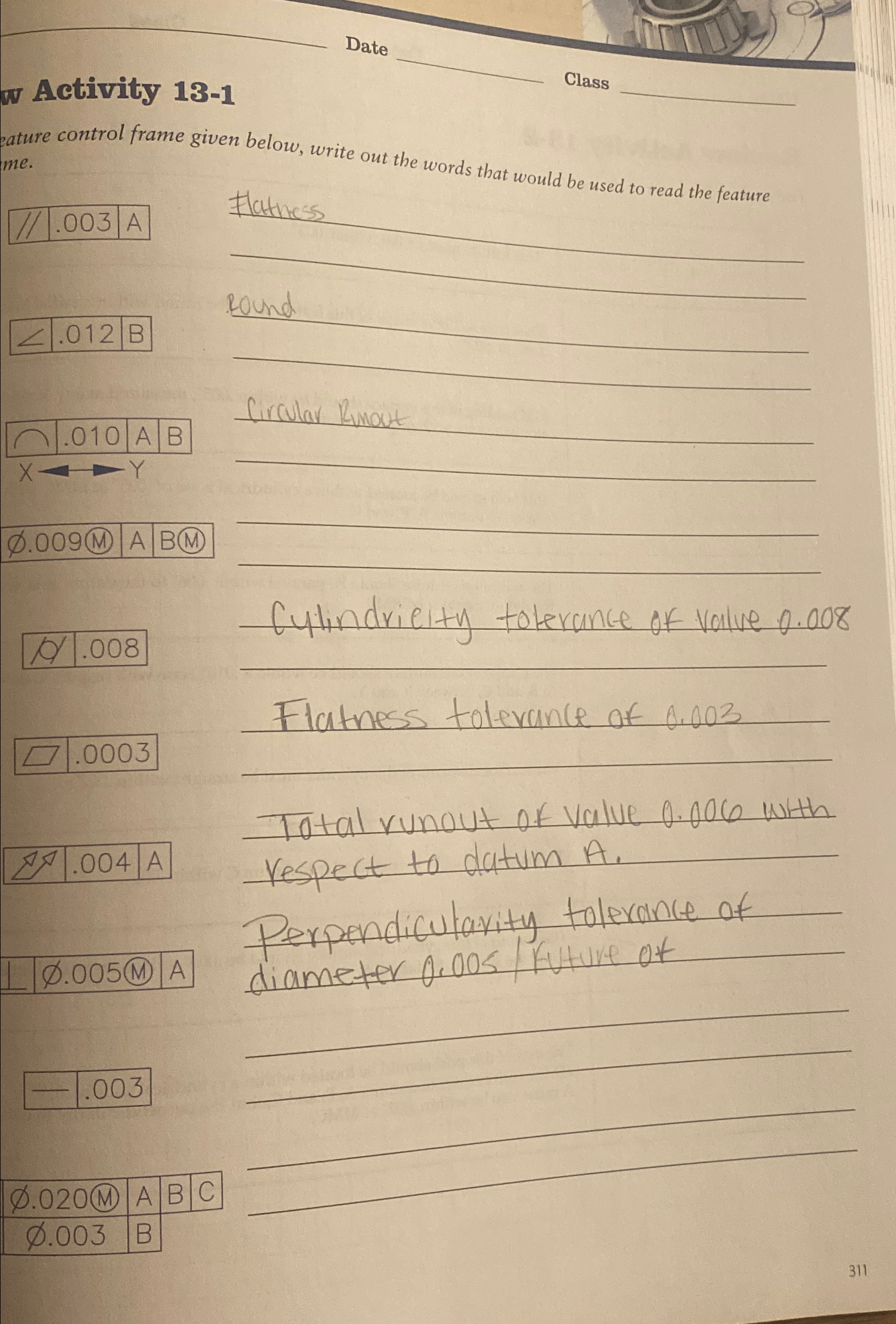  Date Class q, Activity 13-1 eature control frame given below, write