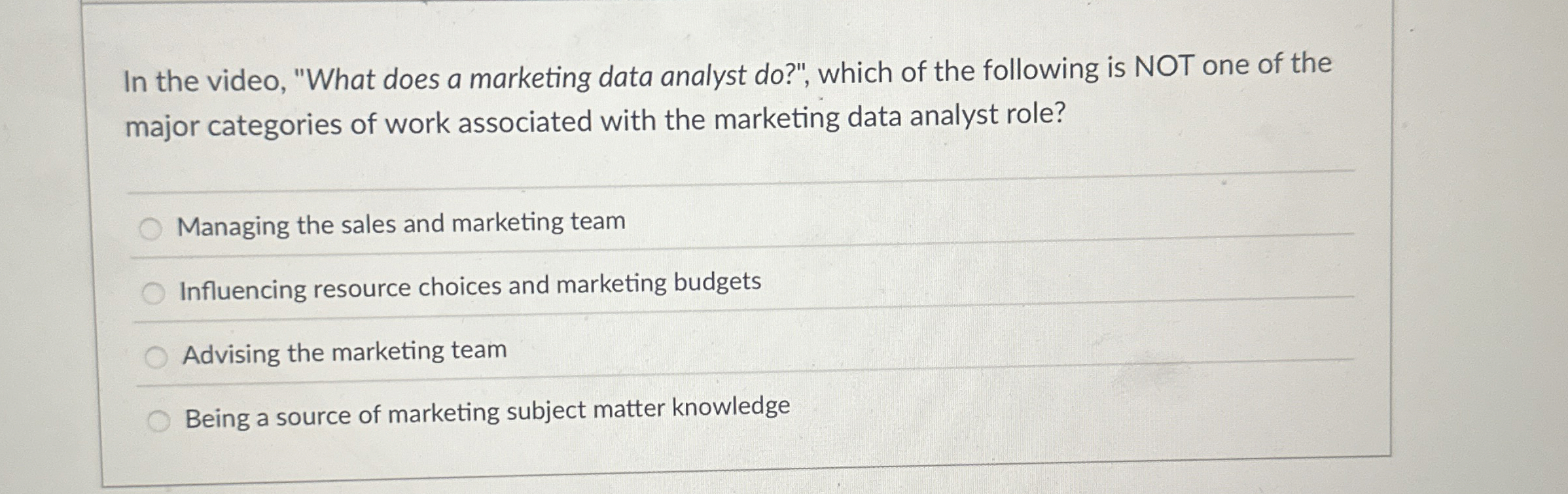  In the video, "What does a marketing data analyst do?", which