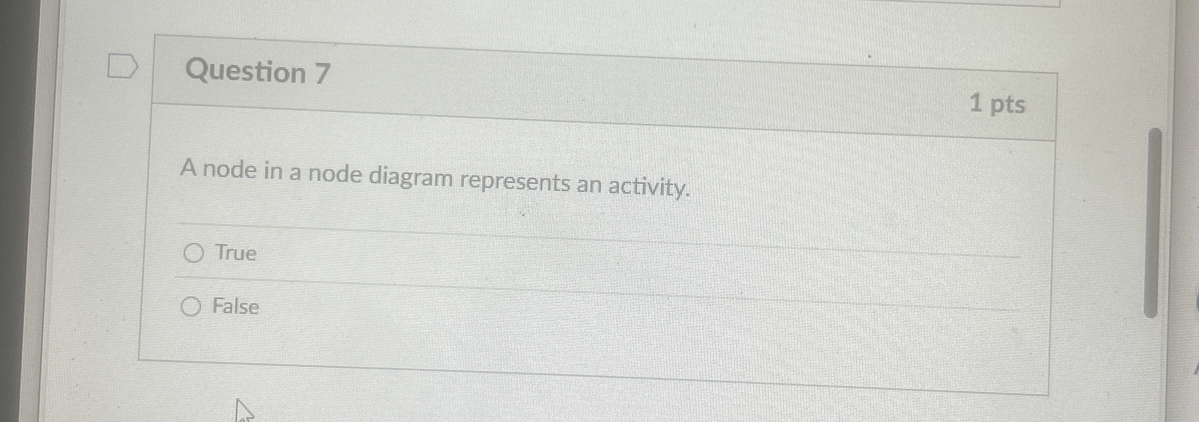  Question 7 1 pts A node in a node diagram represents