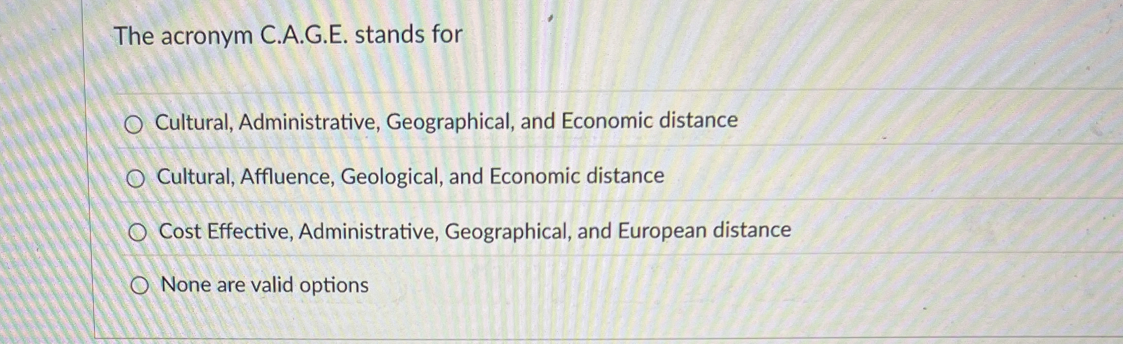  The acronym C.A.G.E. stands for Cultural, Administrative, Geographical, and Economic distance