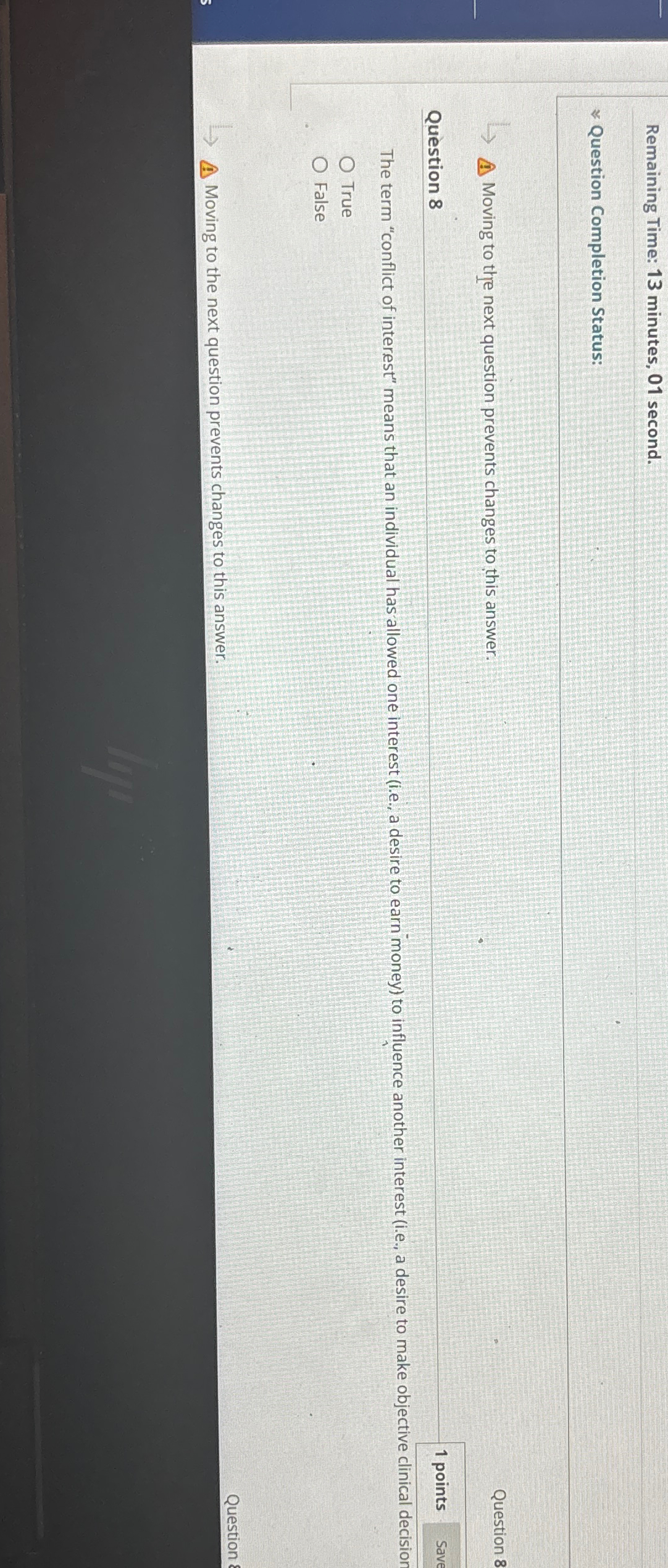  Remaining Time: 13 minutes, 01 second. Question Completion Status: Moving to
