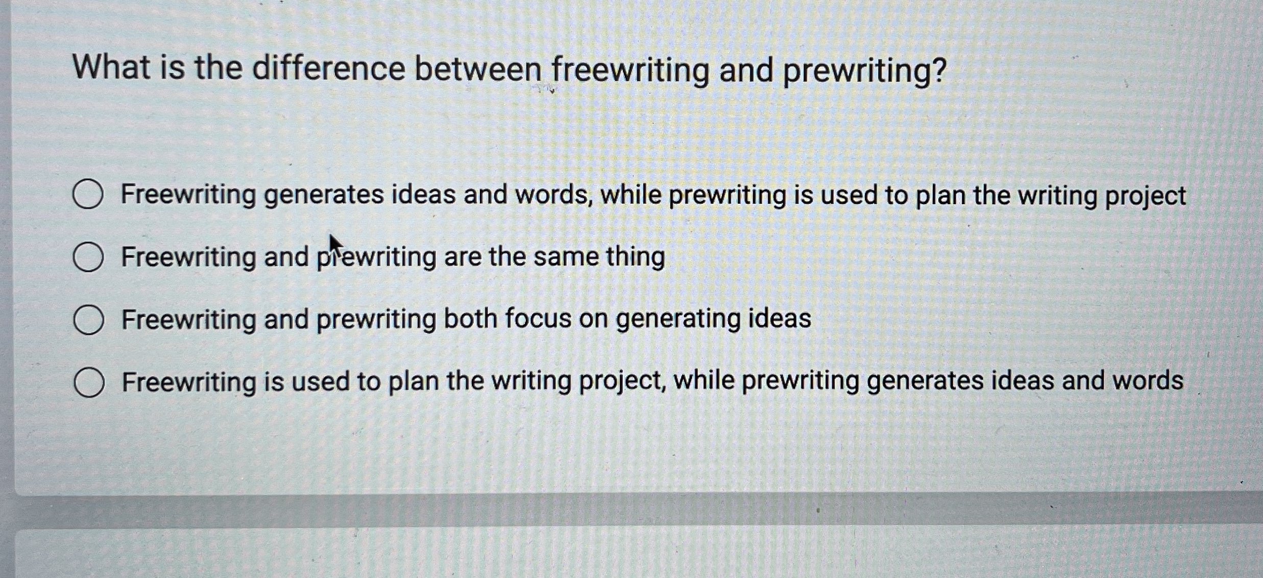  What is the difference between freewriting and prewriting? Freewriting generates ideas
