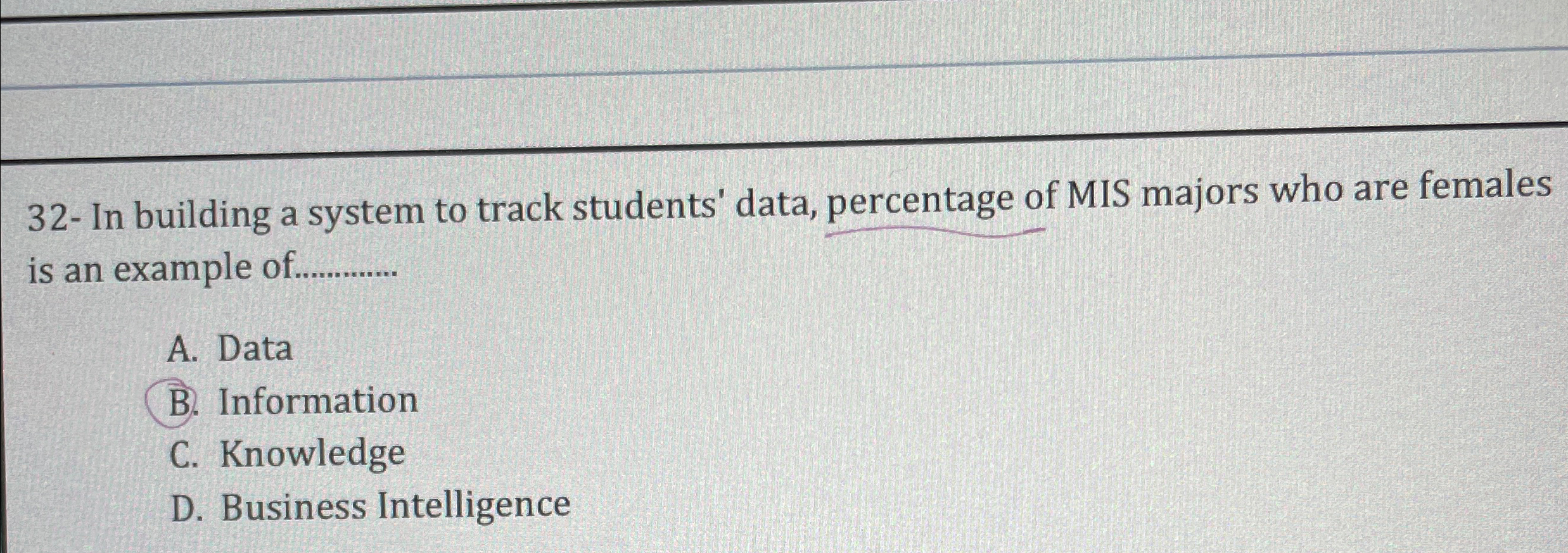  32- In building a system to track students' data, percentage of