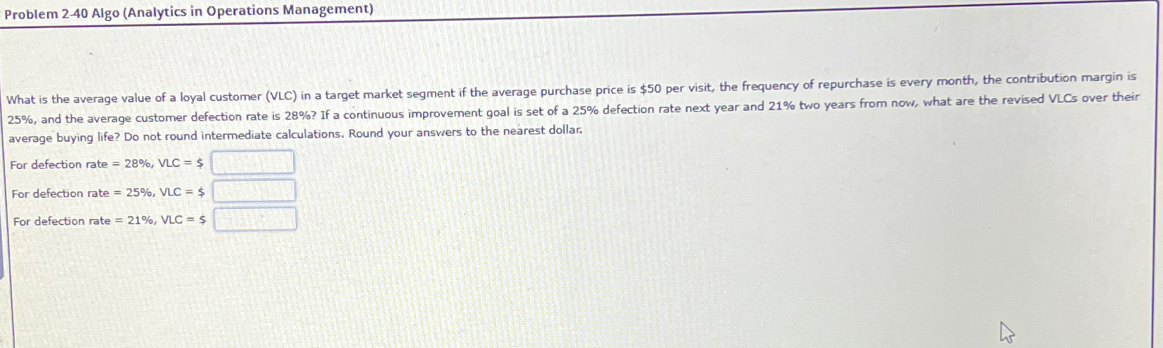  Problem 2-40 Algo (Analytics in Operations Management) What is the average