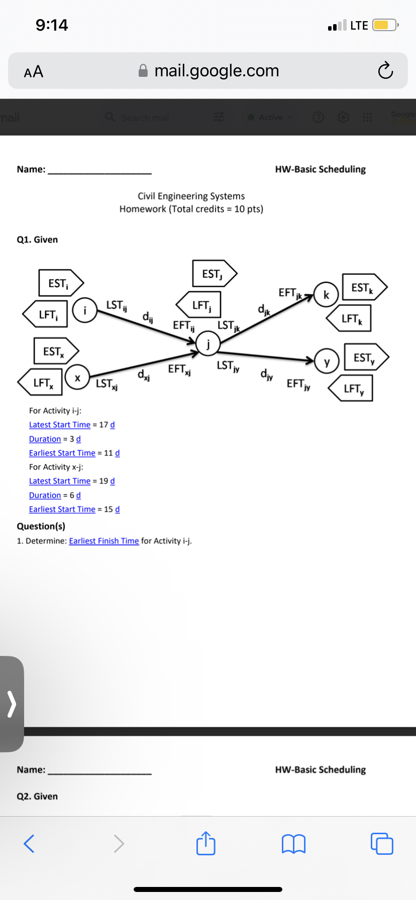  9:14 LTE AA mail.google.com Name: q, HW-Basic Scheduling Civil Engineering Systems
