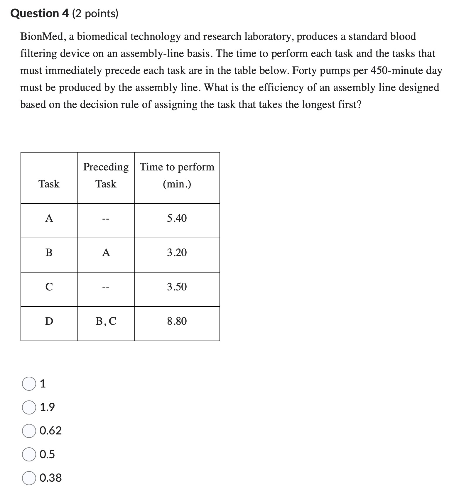  Question 4(2 points) BionMed, a biomedical technology and research laboratory, produces