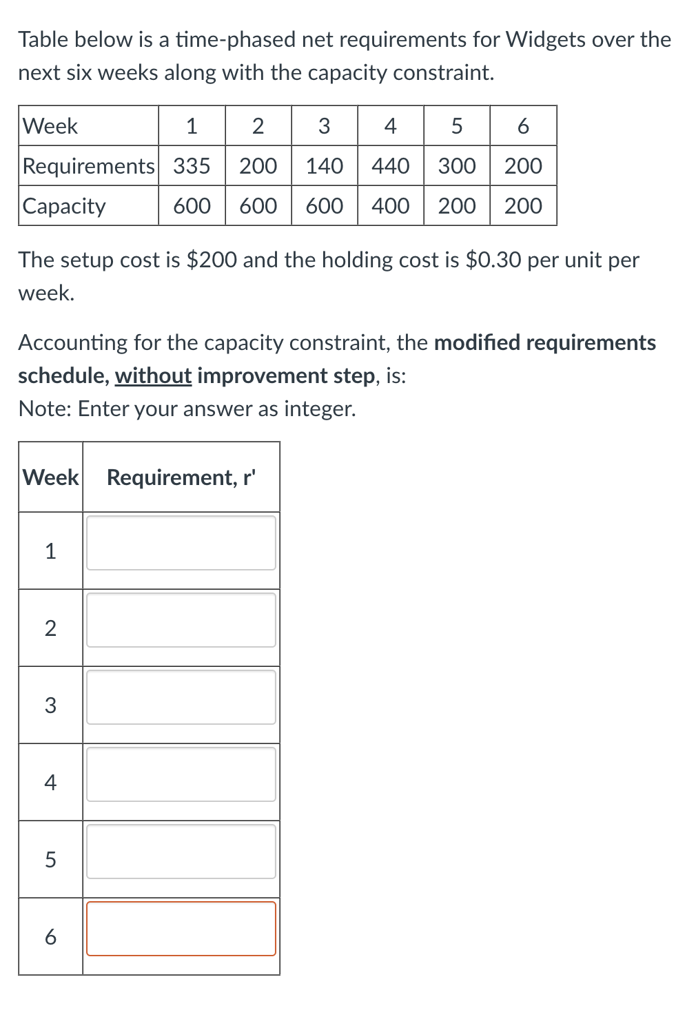 Table below is a time-phased net requirements for Widgets over the next