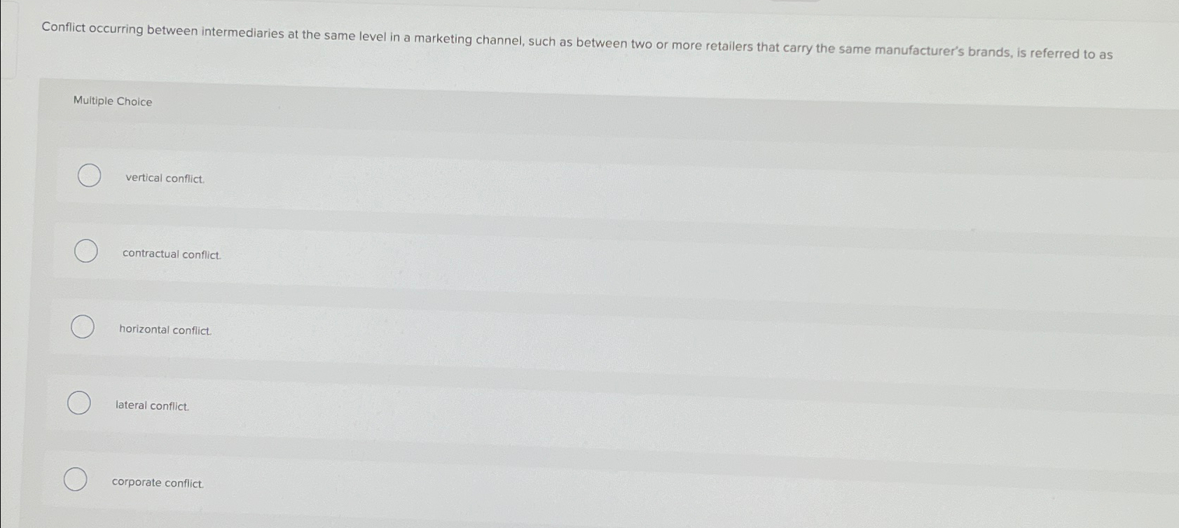  Conflict occurring between intermediaries at the same level in a marketing