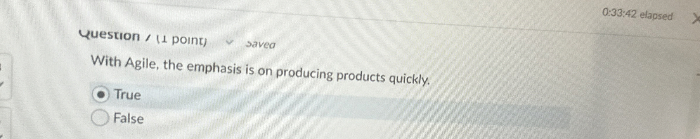 Question /(1 point) With Agile, the emphasis is on producing products