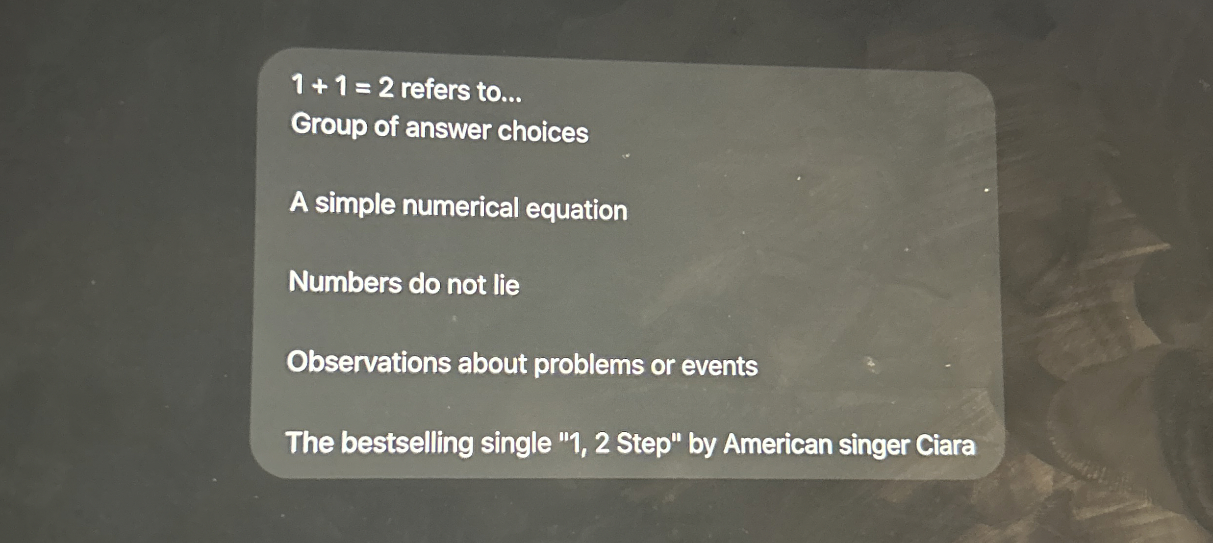  1+1=2 refers to... Group of answer choices A simple numerical equation