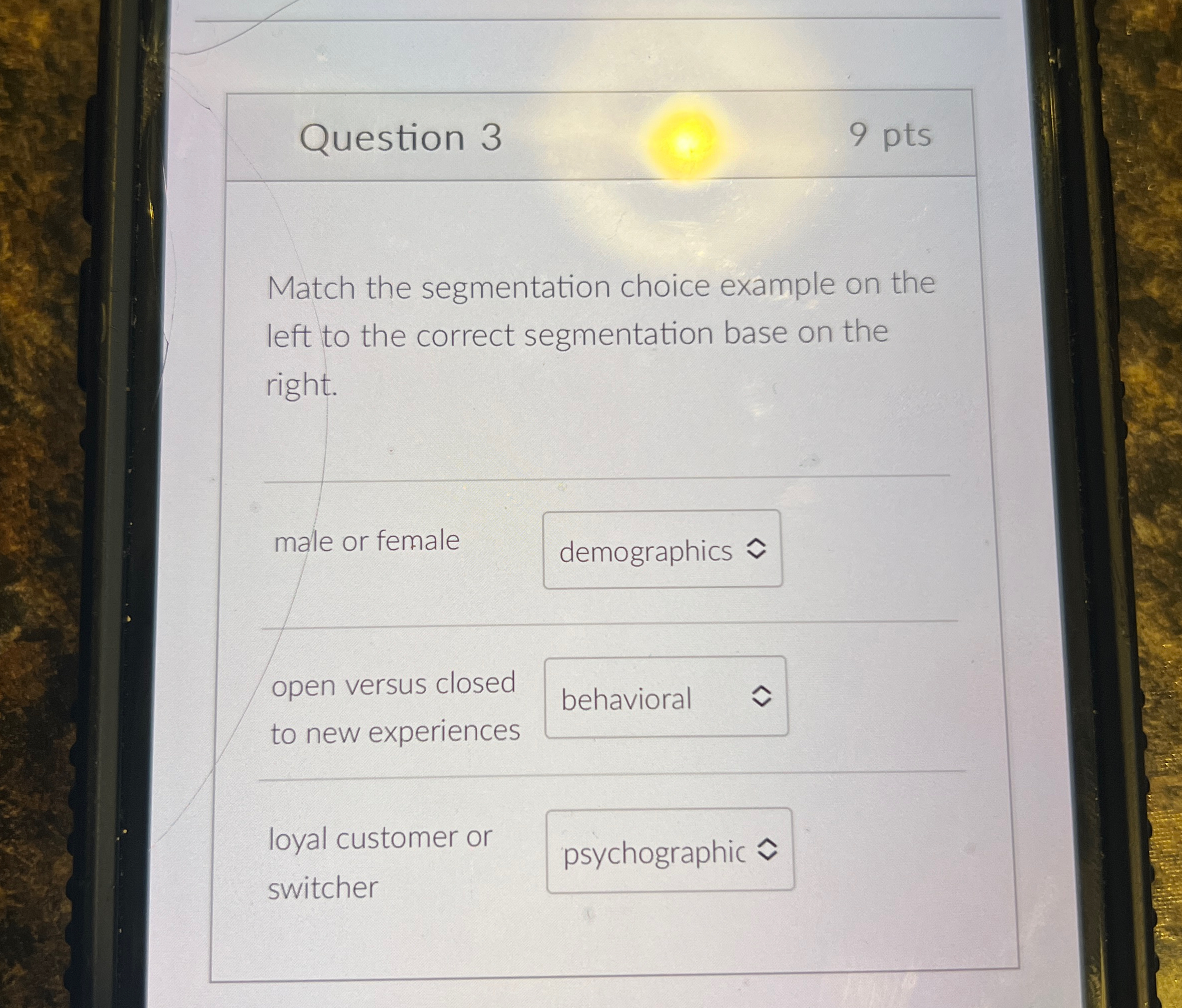  Question 3 9 pts Match the segmentation choice example on the