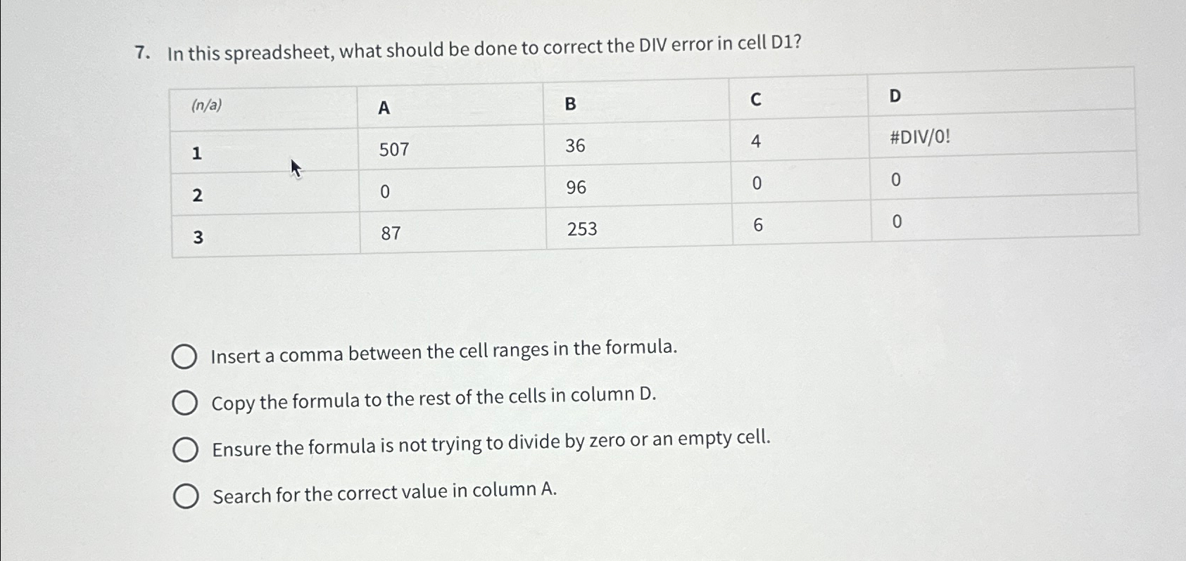  In this spreadsheet, what should be done to correct the DIV